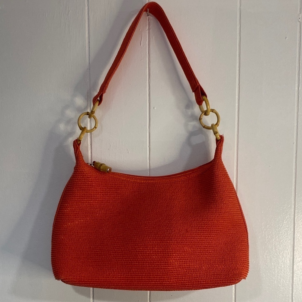 Talbots Shoulder Bag Purse Bamboo Woven Floral Lining Boho Summer Orange 12”x8”